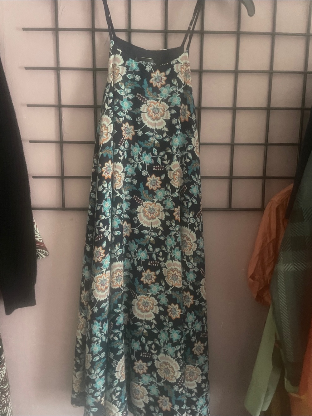 Floral Satin Slip Dress in Teal and Cream